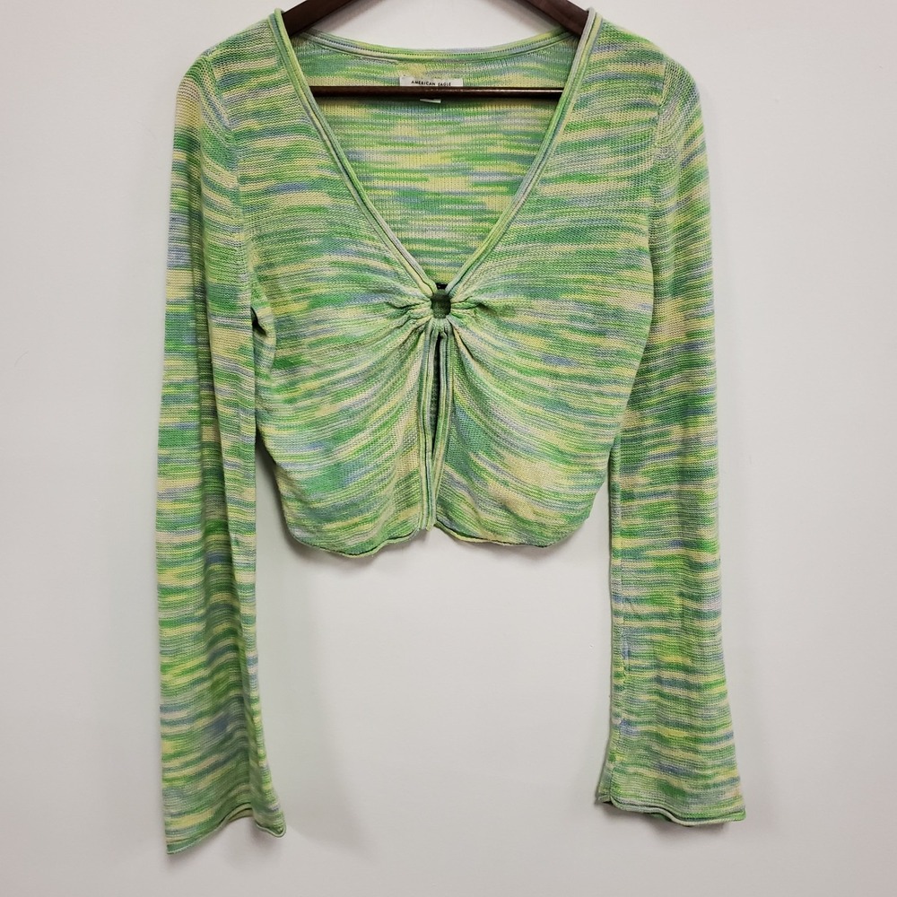 American Eagle Y2K Flare Sleeve Knit Top Size M‎ Green Fairy Ring Rave Dopamine